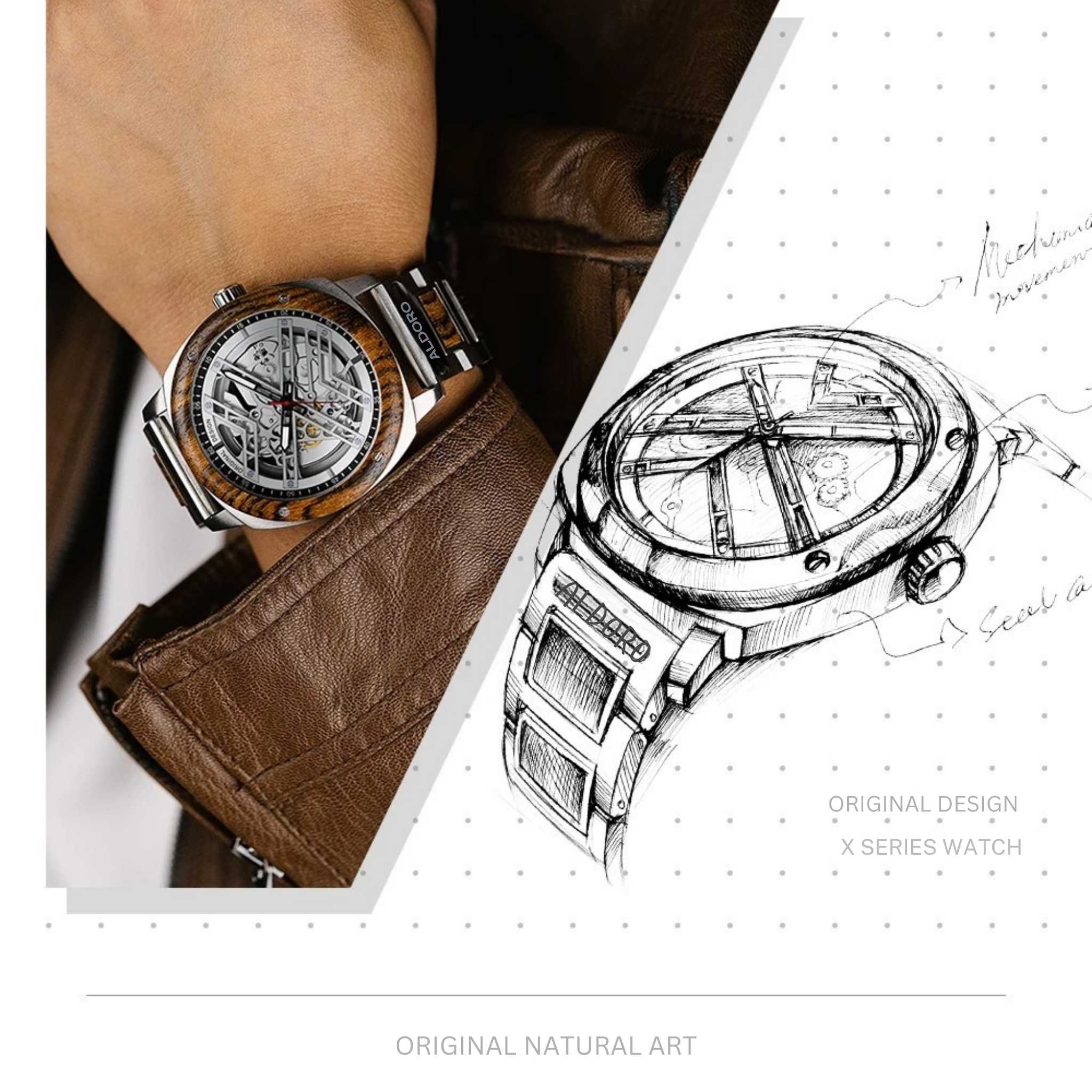 A luxury Aldoro wooden watch worn on a wrist, paired with a detailed design sketch, illustrating the artistry and craftsmanship behind each timepiece.