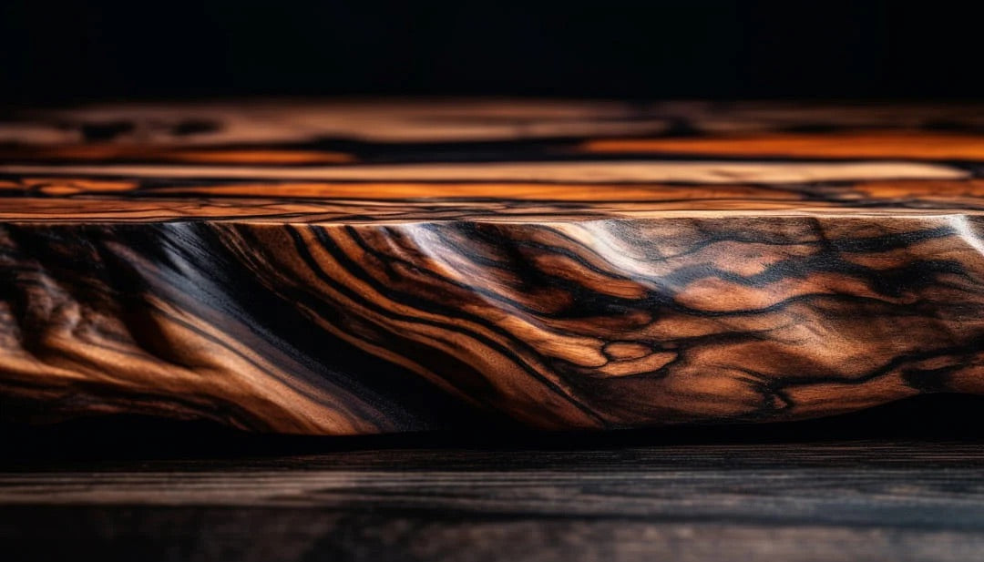 Close-up view of exotic Zebrano wood with rich brown and black grain patterns, symbolizing the natural elegance and unique identity behind every Aldoro timepiece.