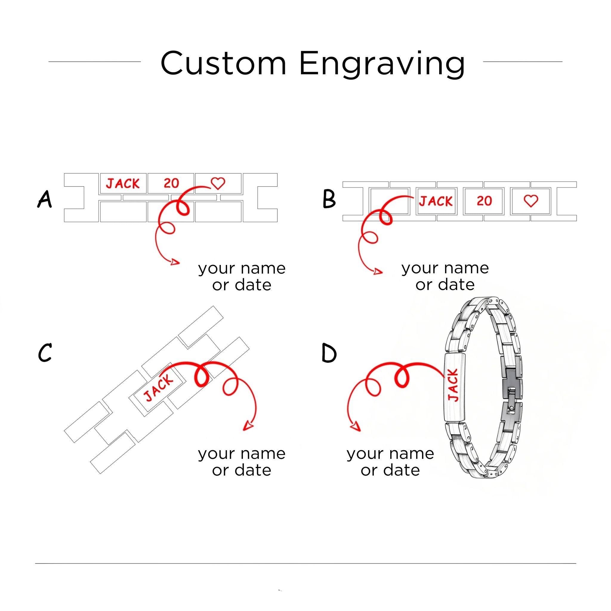 Custom engraving positions guide for Aldoro men’s wooden bracelet showing options A, B, C, and D.