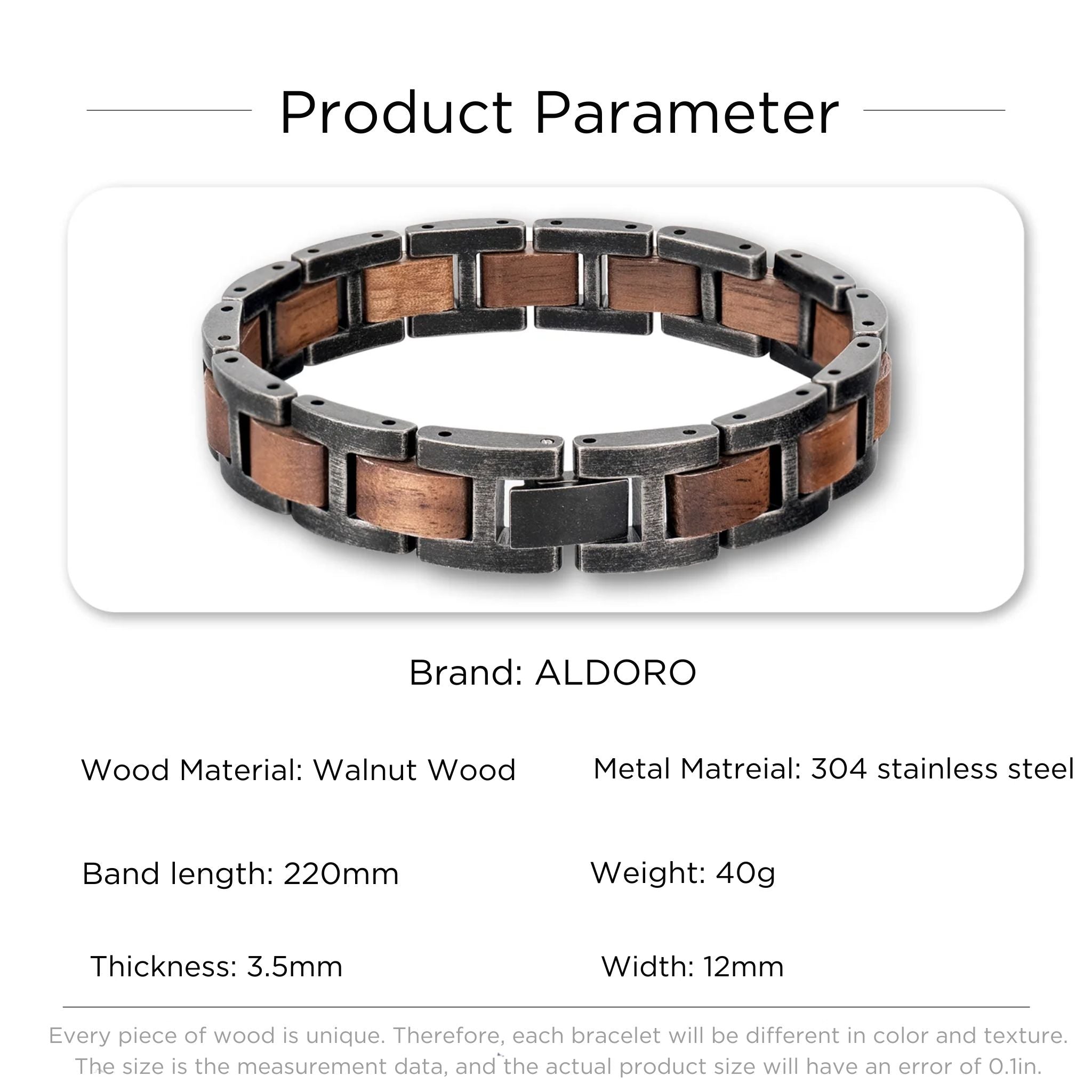 Product parameters for Aldoro men’s wooden bracelet, including wood and stainless steel material details.