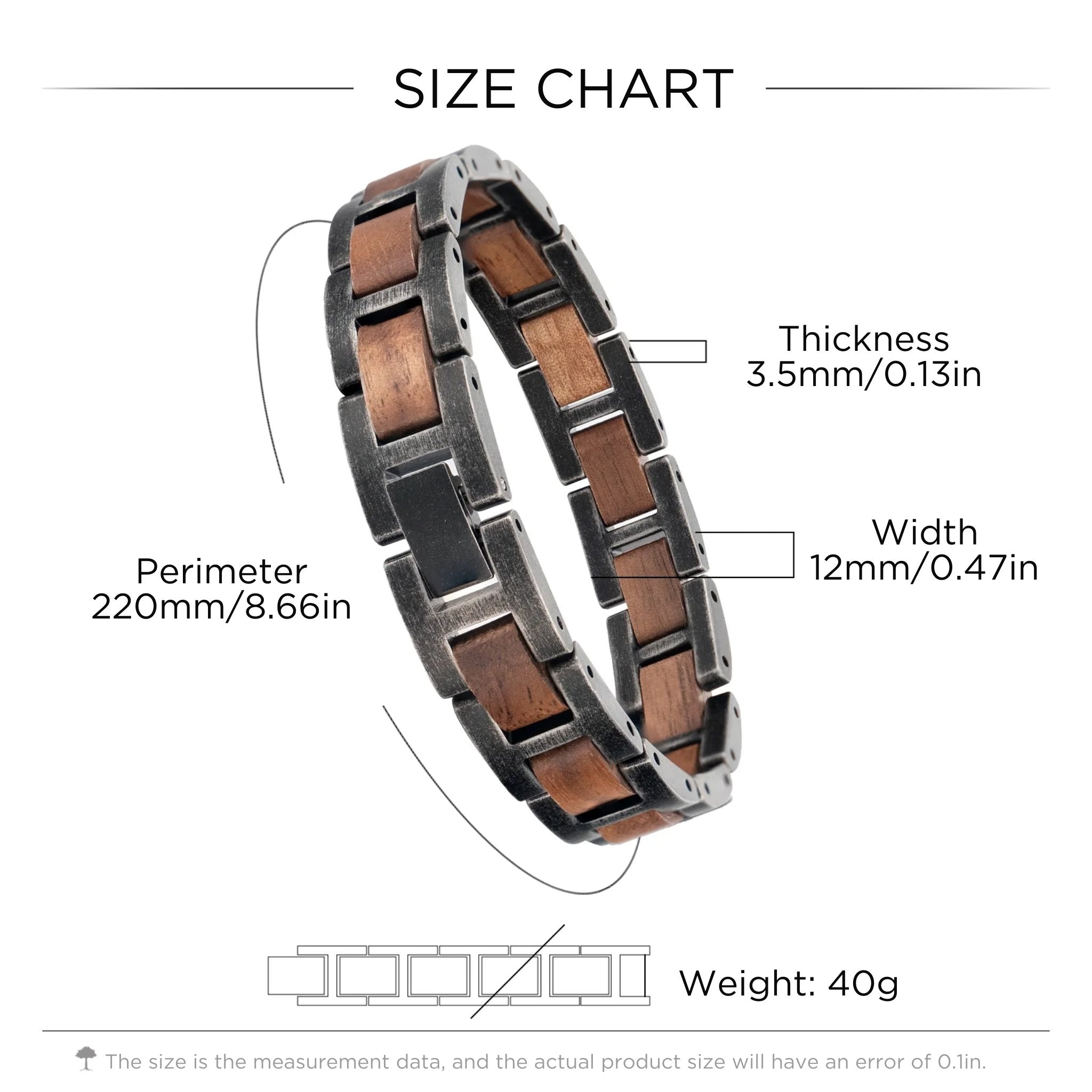 Size chart for Aldoro men’s wooden bracelet showing length, width, and thickness measurements.
