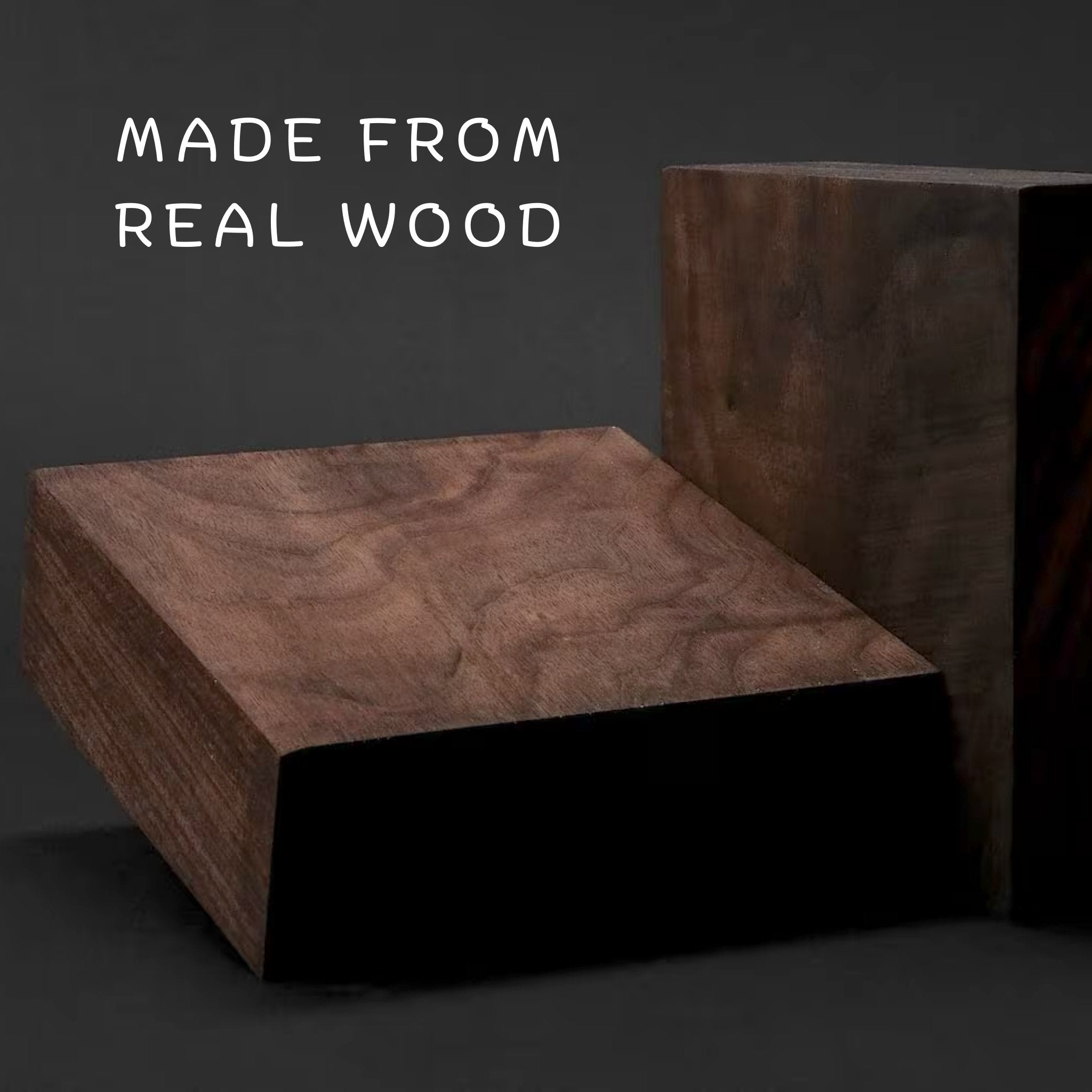 Blocks of real walnut wood with natural grain and warm brown tones, used to craft Aldoro men’s wooden bracelets.