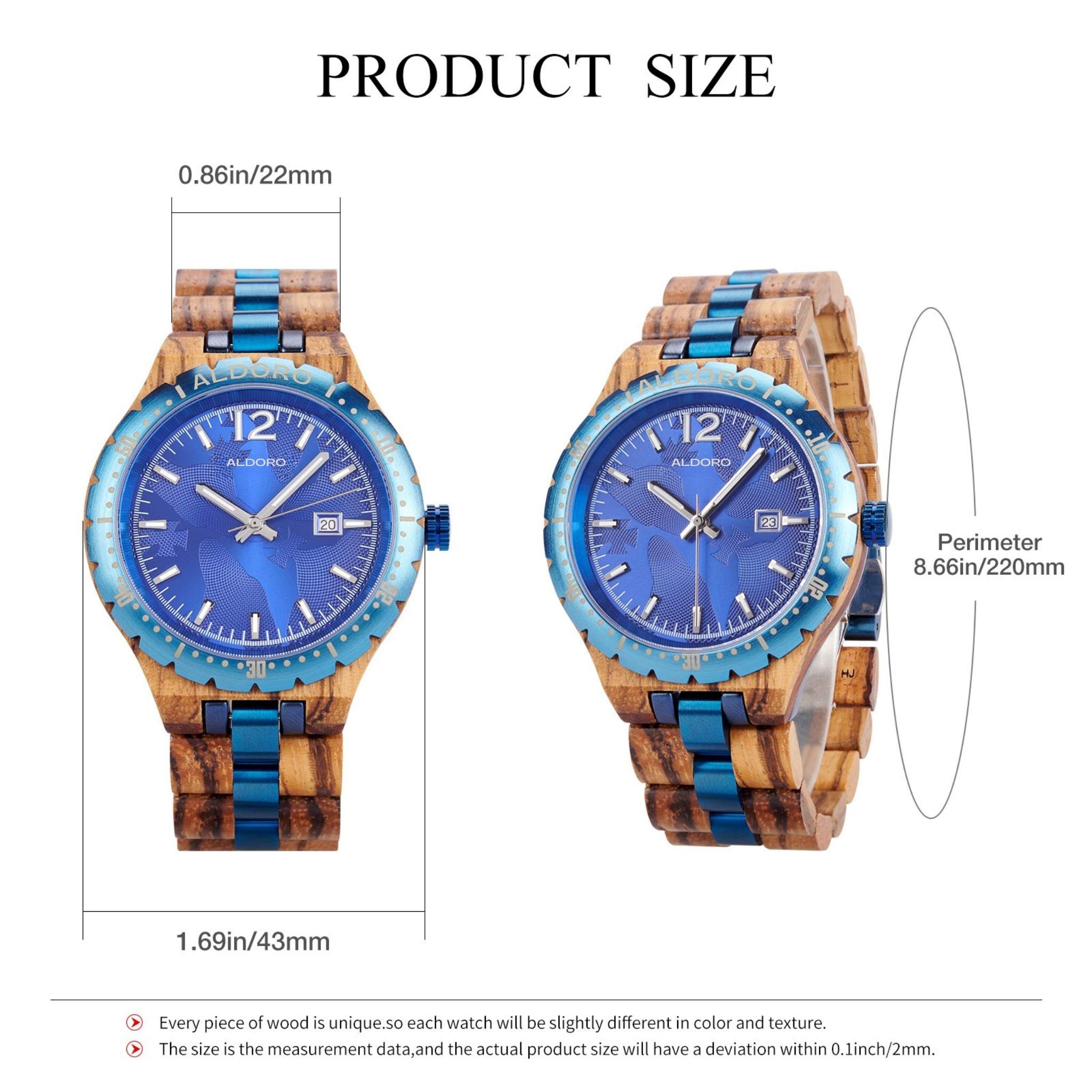 Aldoro Voyager Blue wooden watch size chart showing 43mm dial width, 22mm band width, and 220mm perimeter, highlighting detailed dimensions for an elegant men’s timepiece.